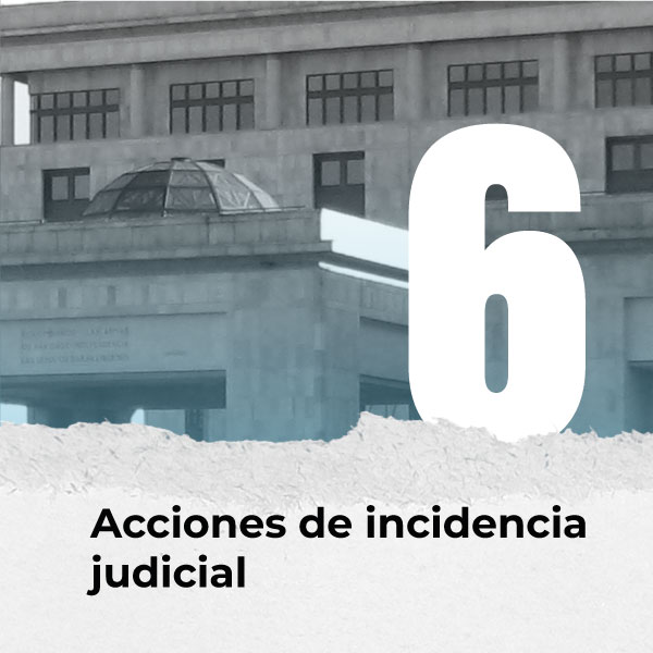 | [Texto de la imagen] 'Además de 6 acciones de incidencia judicial'. En el fondo se ve una fotografía del Palacio de Justicia en Bogotá. 